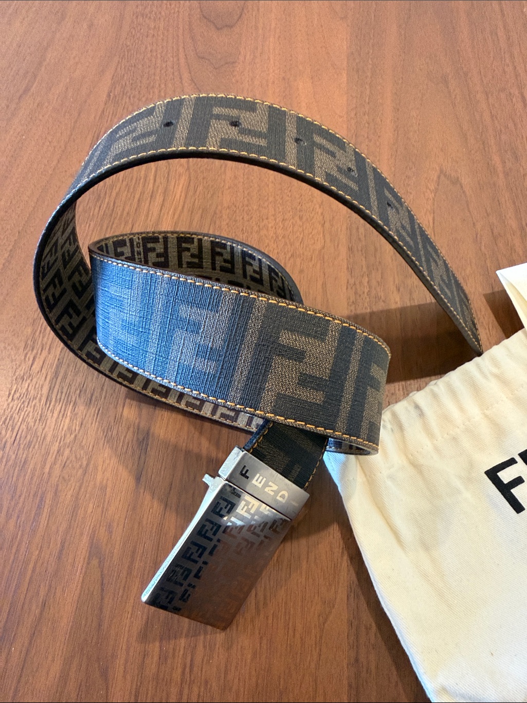 Fendi Gray And Black Ff Logo Canvas Belt Reversible